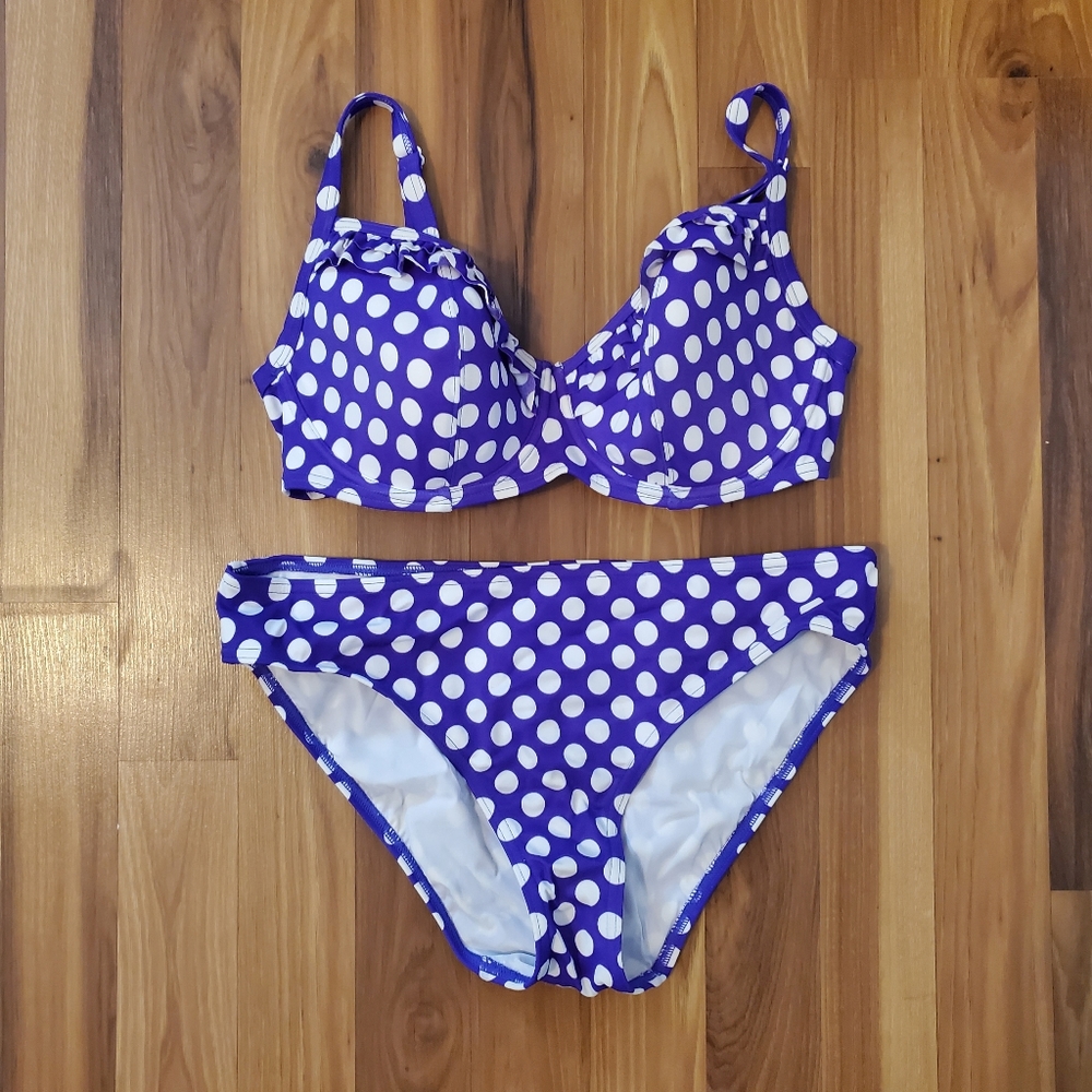 Midnight Grace Pin Up Purple Polka Dot Bikini  - Size 12 (bottoms) & 34DD (top)